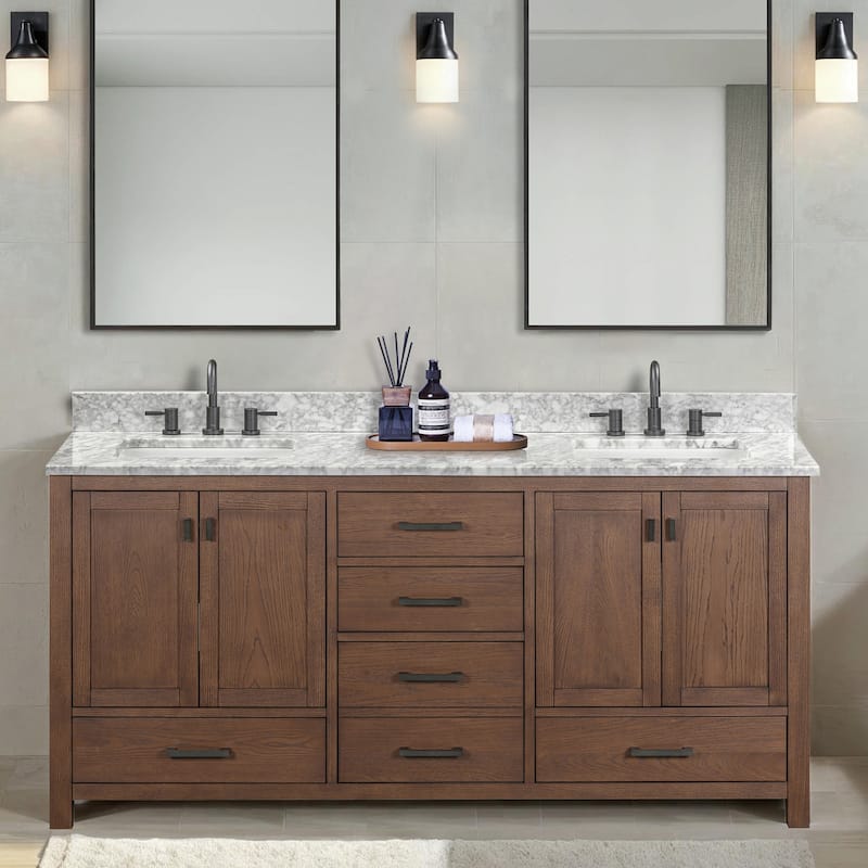 Avanity Modero 72 in. Double Sink Bathroom Vanity with Carrara Marble Top - 73"W x 22"D x 35"H - Mocha Oak