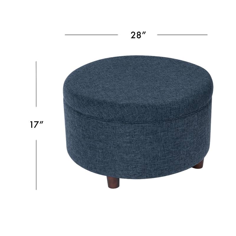Modern Storage Ottoman, 28 Inch Round Lift Top, Navy Blue Woven Fabric