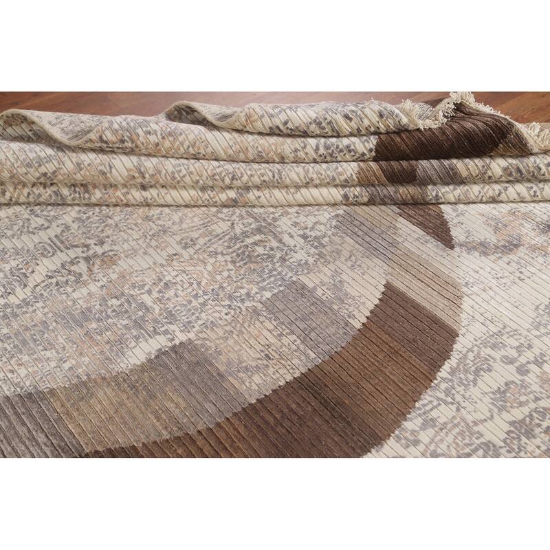 Beige Striped Modern Indian Area Rug Handmade Wool Carpet - 6'6"x 9'1"