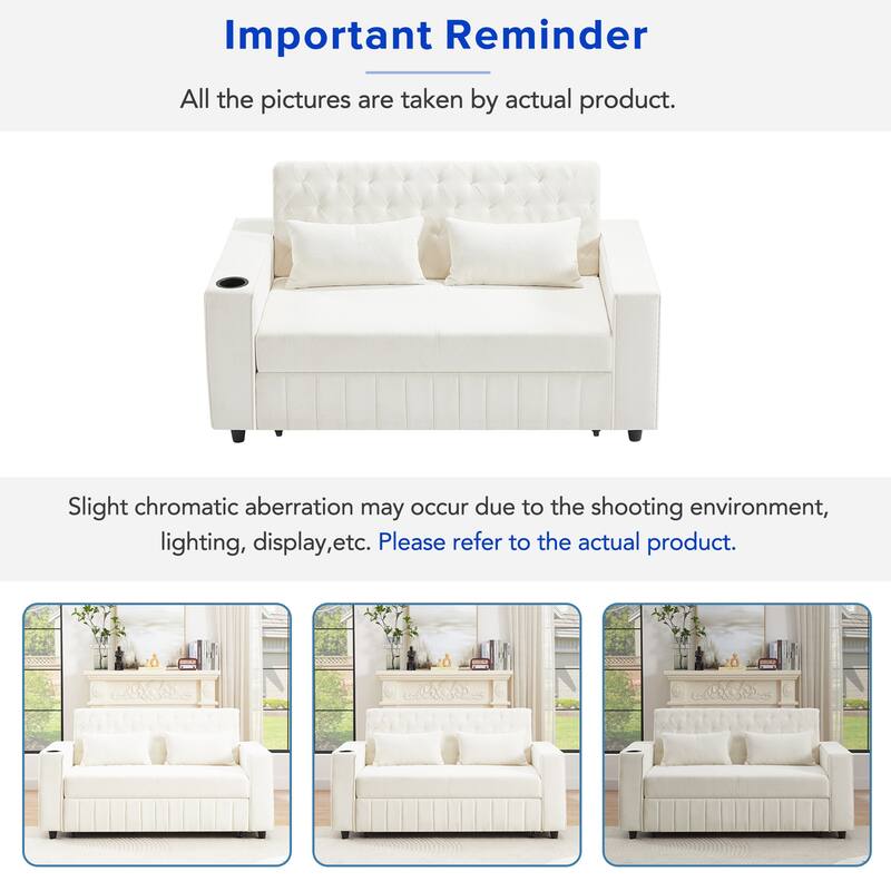 61.41" Chenille Convertible Sofa Bed with Adjustable Backrest, USB & Cup Holders