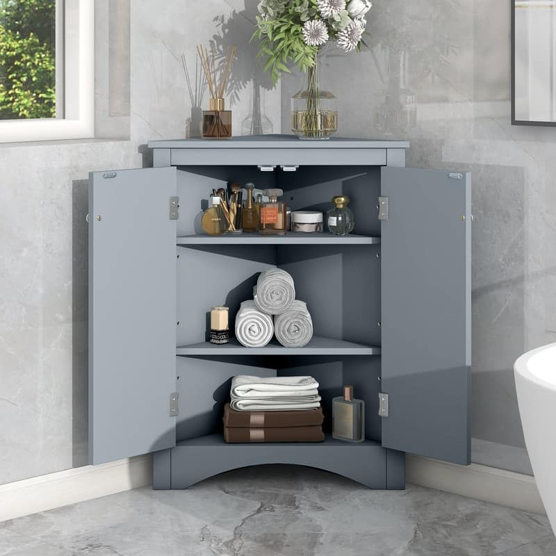 White Triangle Bathroom Storage Cabinet with Adjustable Shelves - 17.2"W x 17.2"D x 31.5"H