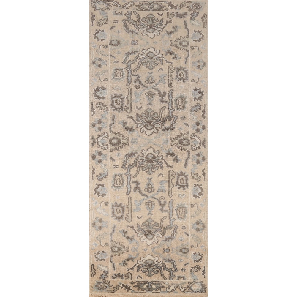 Earth Tone Oushak Indian Runner Rug Hand-Knotted Wool Carpet - 2'6" x 7'11"