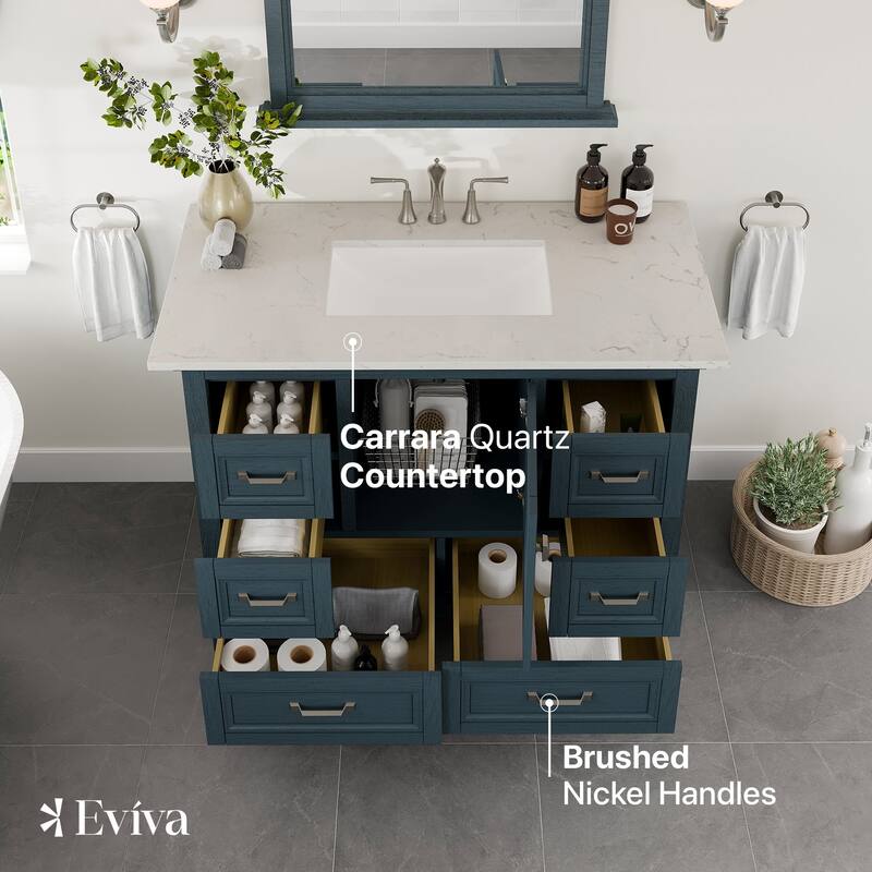 Eviva Britney 42"W x 22"D Ash Blue Bath Vanity with Carrara Quartz Top