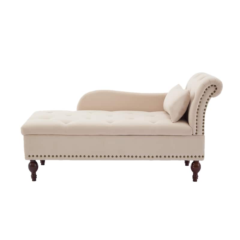 Velvet Chaise Lounge with a Storage Function, Tufted Cushions & Nailheads - Off White