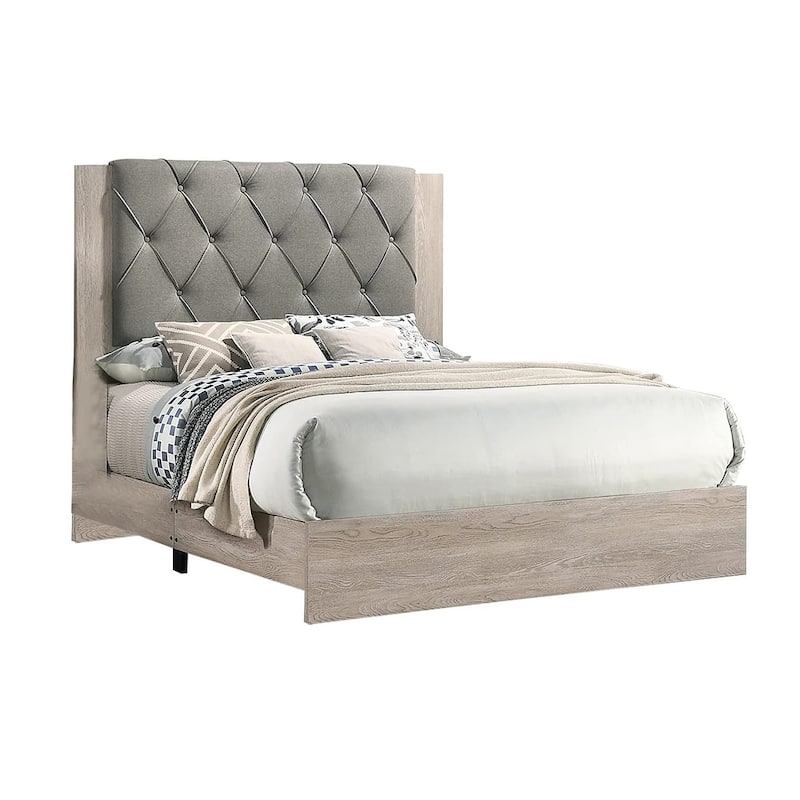 Queen Size Upholstered Bed with Tufted Gray Headboard in Cream Finish - Rubberwood Frame