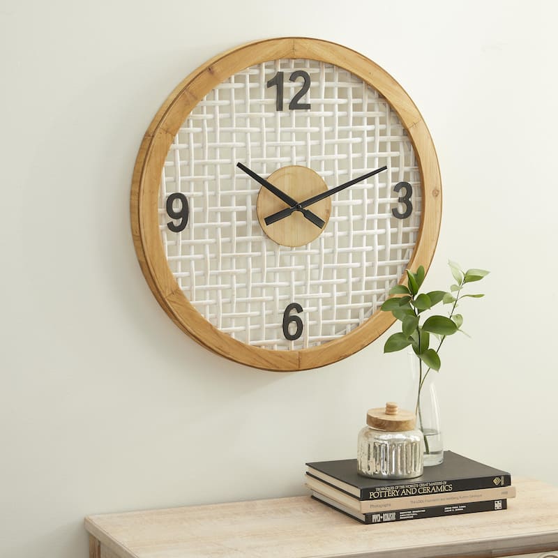 Wood Wall Clock with Grid Mesh - White - Roche River Decor