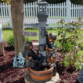 Children w/ Faucet Outdoor Water Fountain 40" Lawn Water Feature w/LED