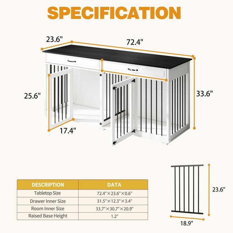 72.4 Inch Wooden Large Furniture Dog Crate with Drawers & Divider