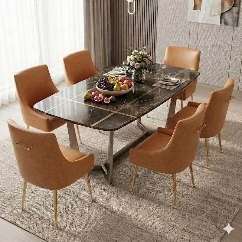 SEYNAR Modern Glam PU Leather Dining Chair or Vanity Chair Set of 6 with Rear Handle
