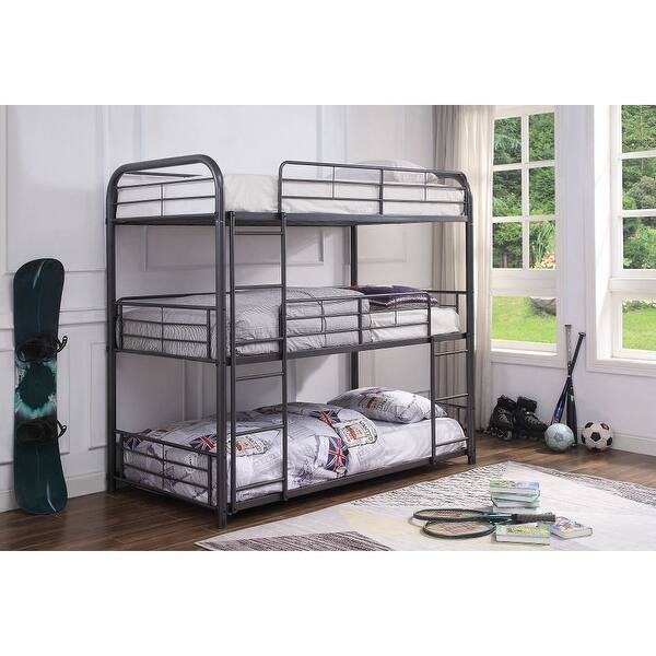 slide 2 of 10, Twin Over Twin Over Twin Size Triple Bunk Metal Bed with Stairs and Guardrails Gunmetal