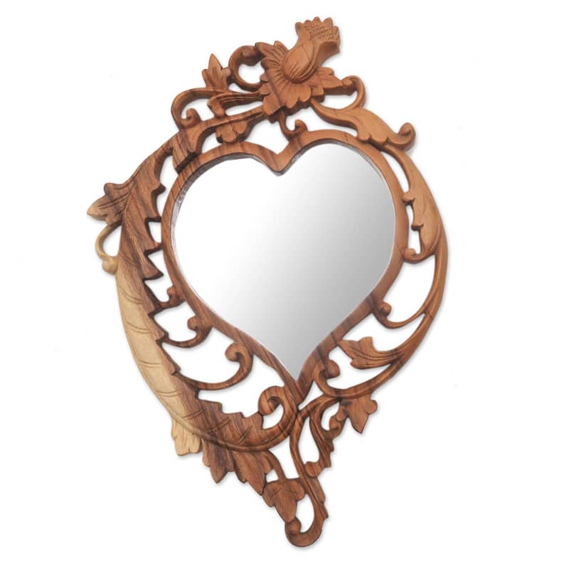Handmade Lotus Heart Wood wall mirror (Indonesia) - 15.25" L x 10.75" W x 0.8" D