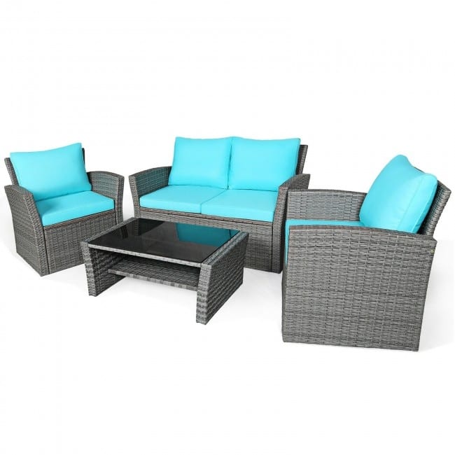 4 Pieces Patio Rattan Furniture Set Sofa Table with Storage Shelf Cushion - 48.5" x 26.5" x 30" (L x W x H)