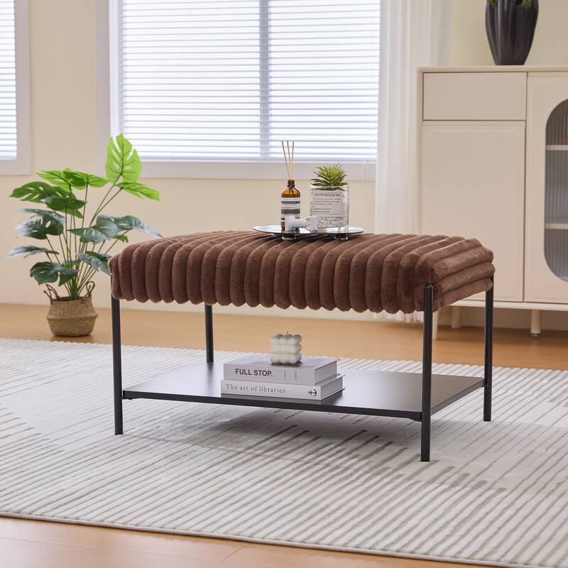 Modern Faux Fur Upholstered Bench with Open Storage Shelves, Metal Frame Shoe Bench Ottoman for Entryway, Bedroom