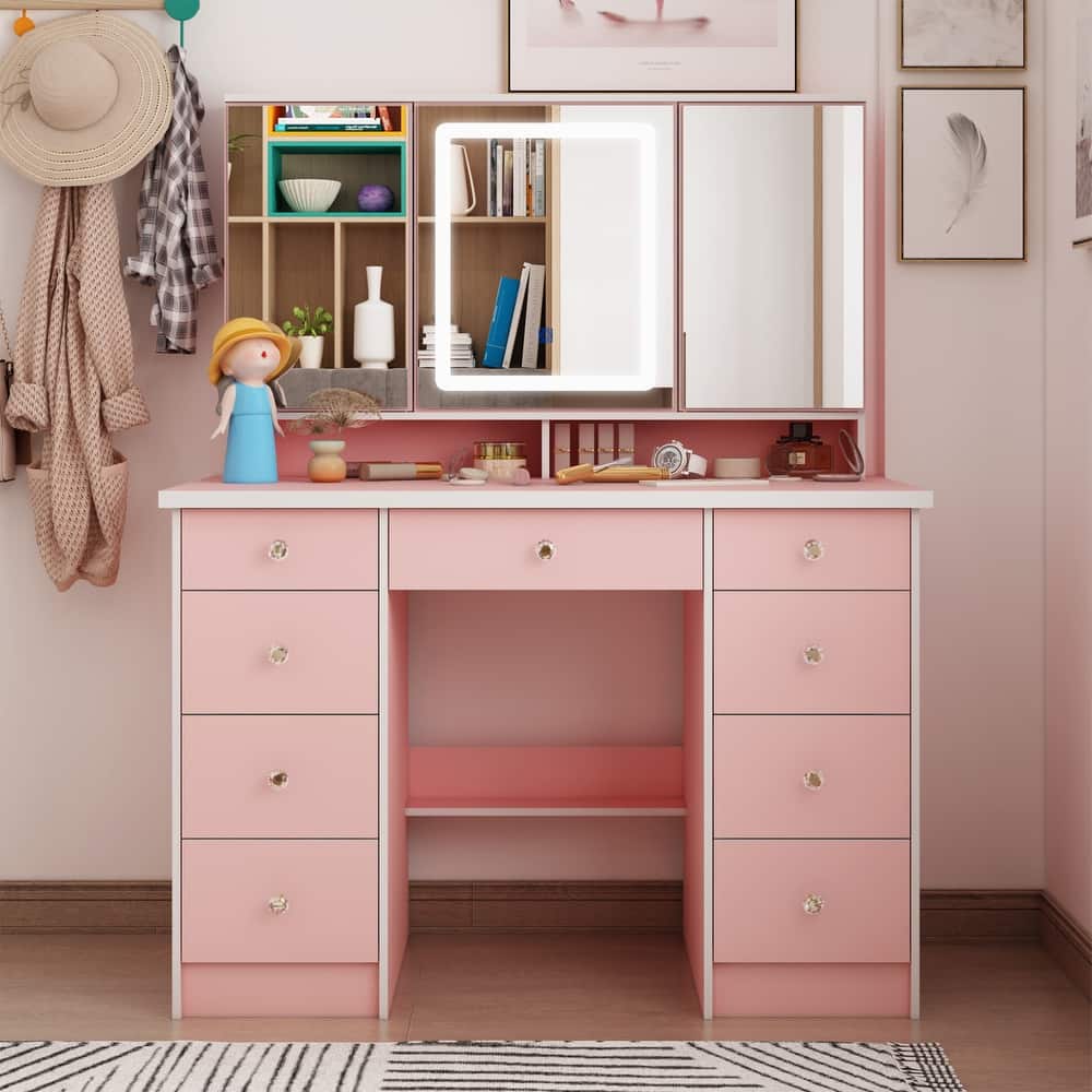 Spacious Vanity Desk with Mirrored Storage Cabinets - A Beauty Oasis