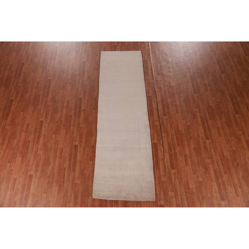 Hand Knotted Oriental 100% Wool Carpet Modern Solid Beige & Ivories Gabbeh Runner Rug - 10' 6'' X 3' 0''