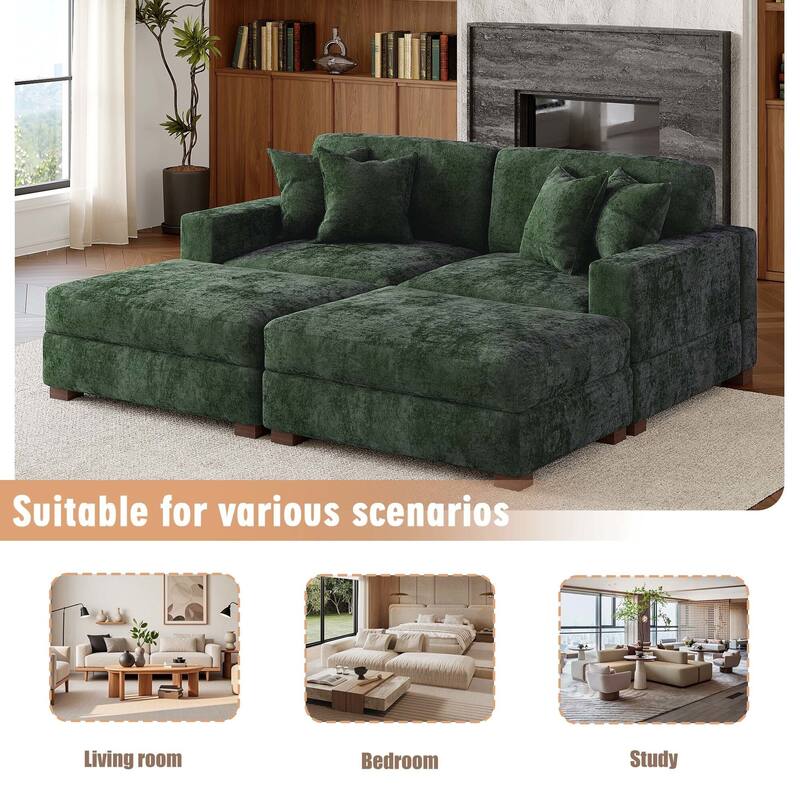 Oversized Chenille Modular Sectional Sofa Conversation Set with 2 Ottomans