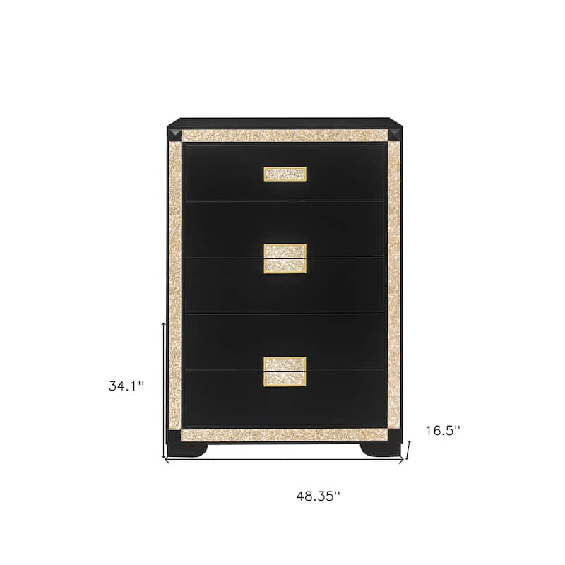 HomeRoots 48" Black And Gold Faux Crystal Bling Wood Six Drawer Dresser
