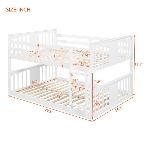Modern Solid Pine Wood Frame Full Over Full Bunk Bed with Ladder and Full-length Guardrail.