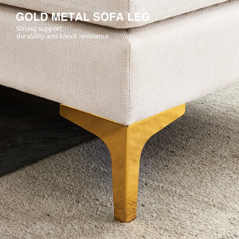 92'' Fabric L-Shape 3-Seater Sofa with Ottoman, Gold Metal Legs, and Toss Pillows