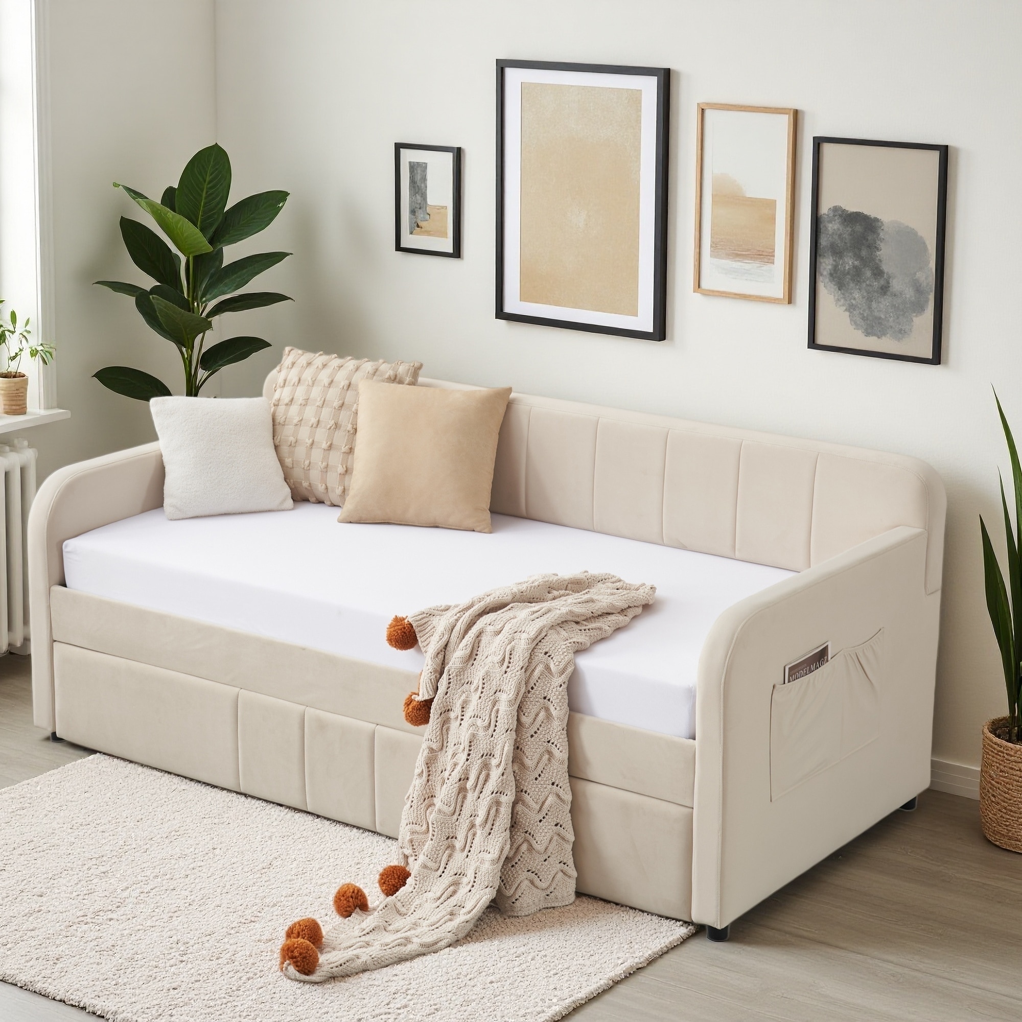 Twin Size Upholstered Daybed with Trundle, and Wood Slat Support