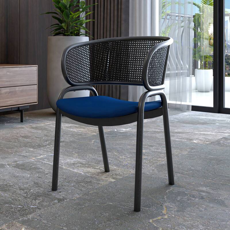 Ervilla Modern Upholstered Accent Side Chair with Wicker Back and Black Iron Legs for Dining Room & Kitchen, Set of 2