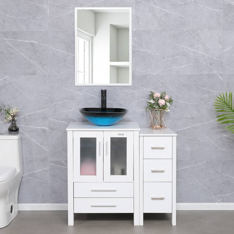 36" White Bathroom Vanity Sink Set with Side Cabinet Vessel Sink Faucet Combo