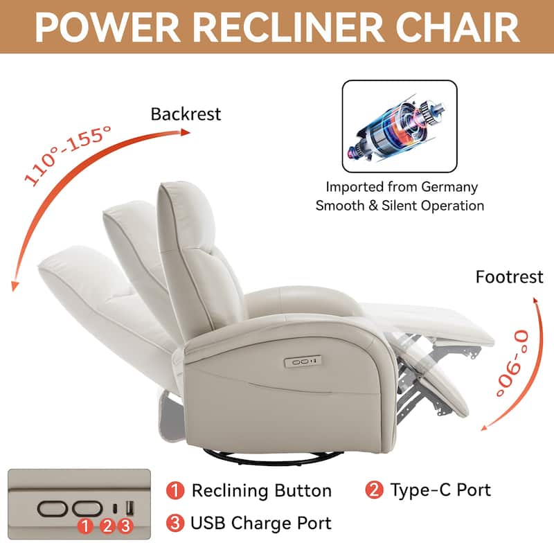 Genuine Leather Power Recliner Chair, 270° Swivel Rocker, USB, Type-C