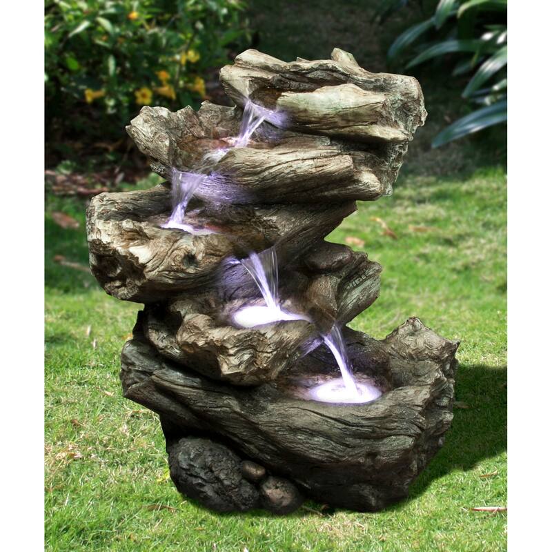 21.75" Ivory and Gray Four Level Log LED Waterfall Fountain