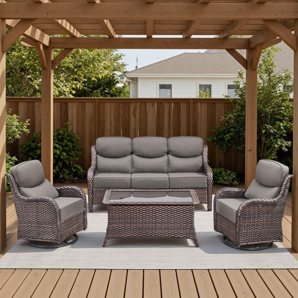 Meyreso 4-Piece Wicker Outdoor Patio Conversation Set with Swivel Gliders and 6-Inch Thick Olefin Cushions