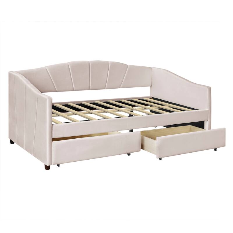 Twin Size Daybed Frame Rays Pattern Design Velvet Upholstered Daybed with 2 Drawers or Trundle, Wood Slat Support