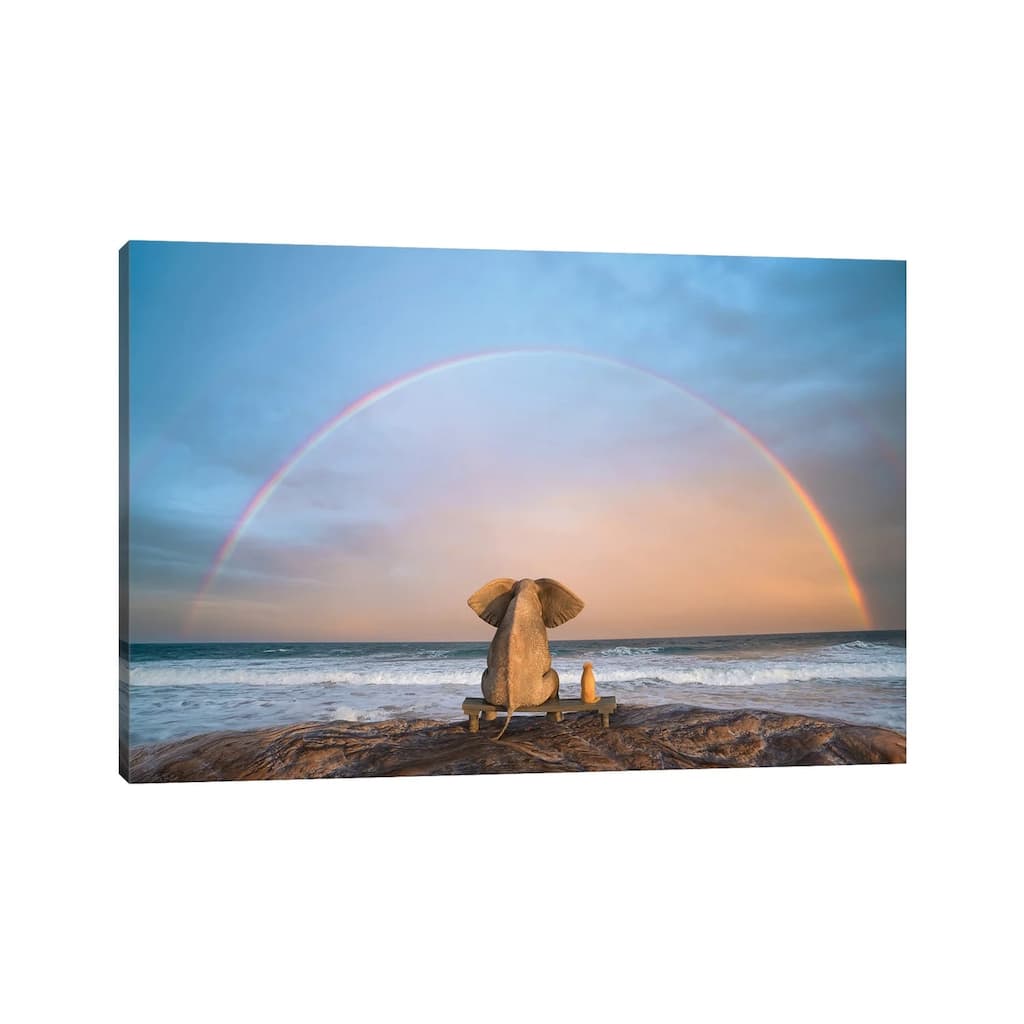 iCanvas "Elephant And Dog Sit On The Beach And Look At The Rainbow" by Mike Kiev Canvas Print