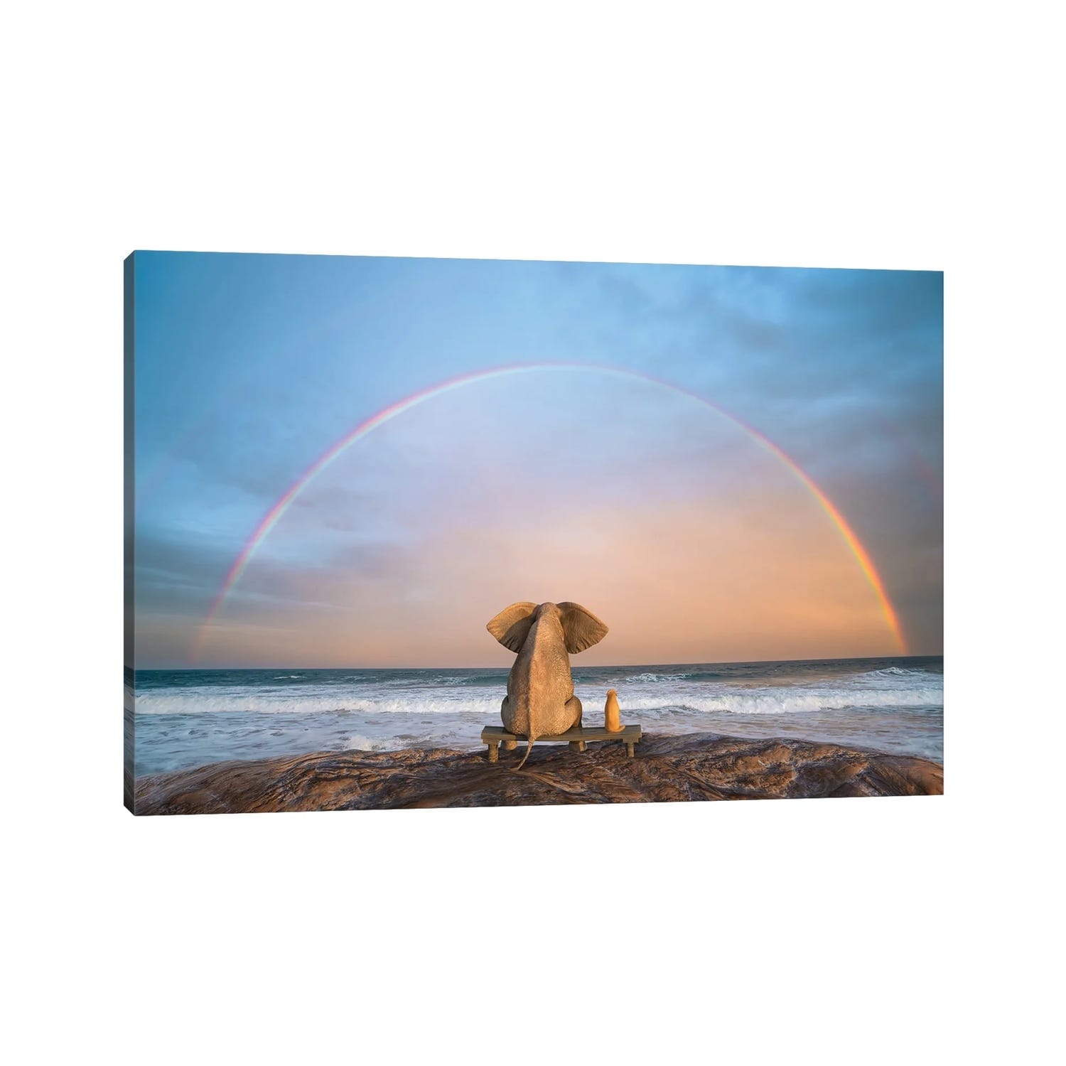 iCanvas "Elephant And Dog Sit On The Beach And Look At The Rainbow" by Mike Kiev Canvas Print
