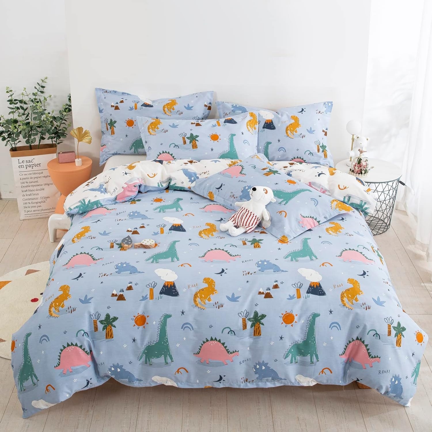 Austiom Leading LLC Duvet Cover Set Reversible Kids Bedding Set for Boys Girls Blue Dinosaur Twin