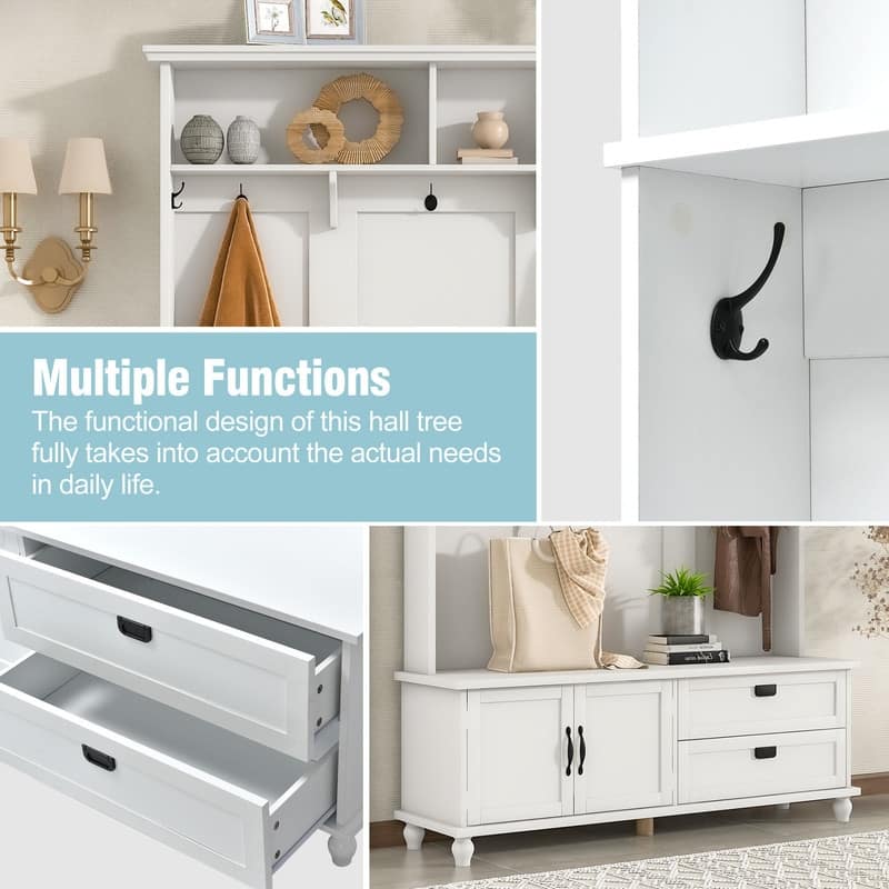 TiramisuBest 2-Piece 3-in-1 Hall Tree Set With Storage Bench & Retro Handles For Hallway/Living Room (White 31.4"x70.8