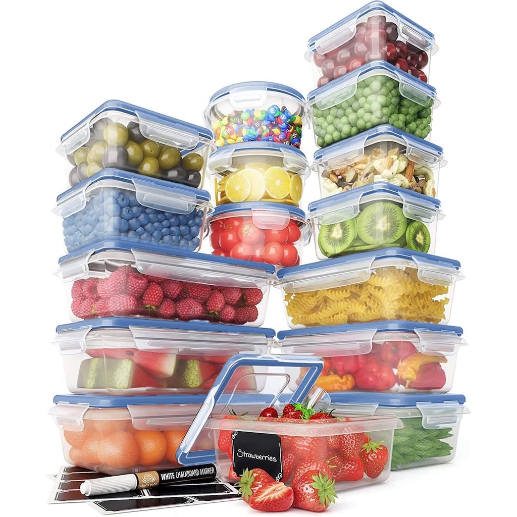 32 Piece Food Storage Containers Set with 16 Blue Easy Snap Lids +16 Airtight Food Containers With Lids