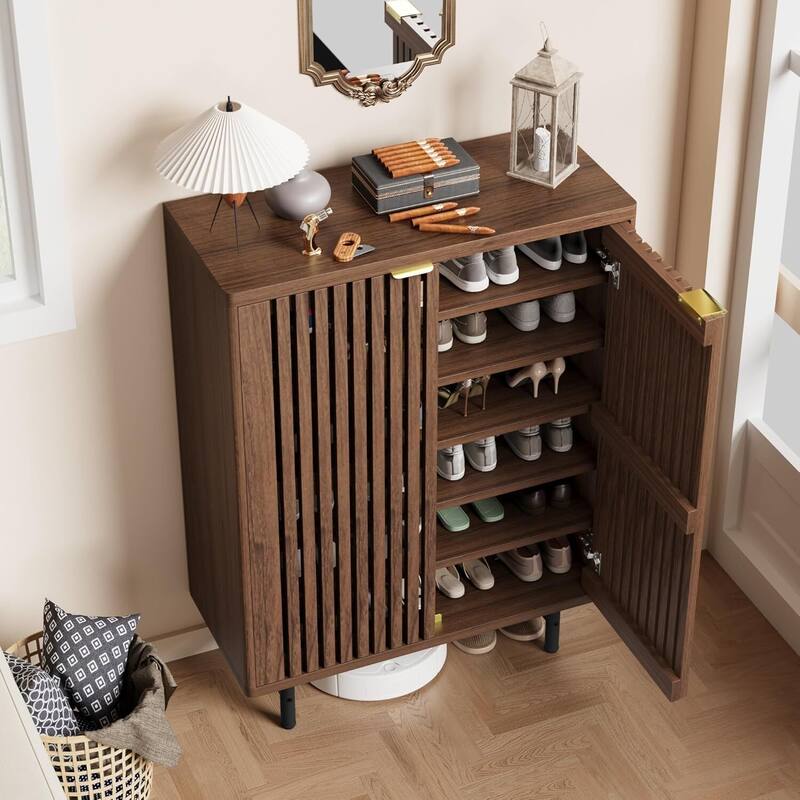 6-Tier Farmhouse Rattan Shoe Storage Cabinet for Entryway Foyer Hallway