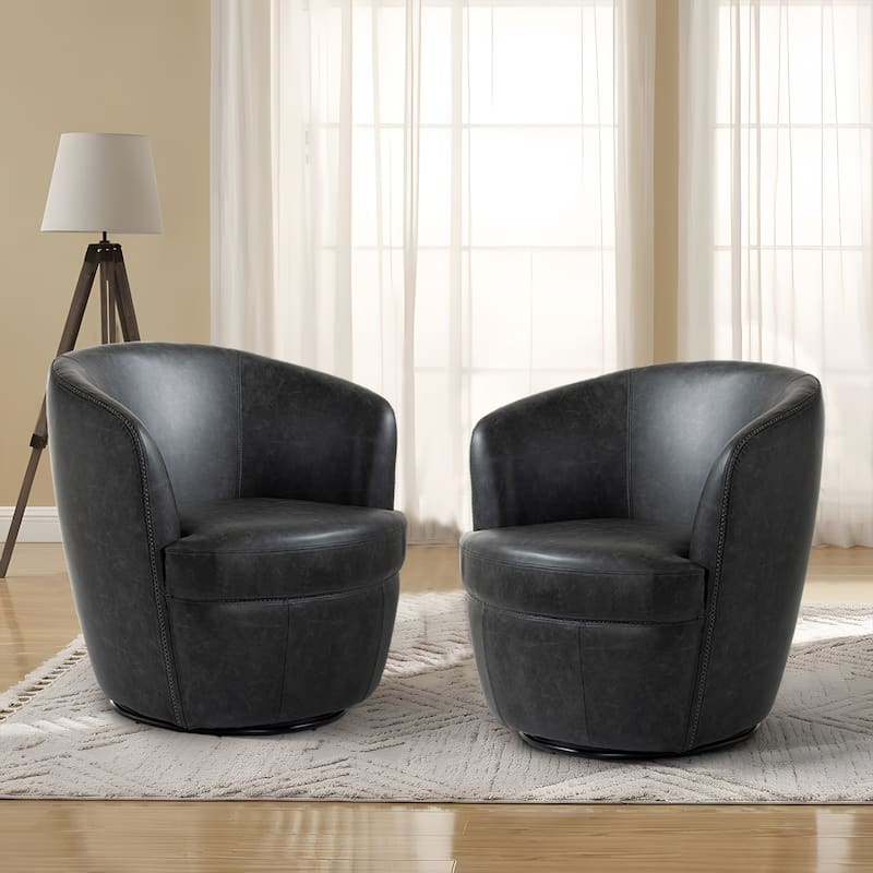 2 Set Faux Leather Club Swivel Barrel Accent Chair
