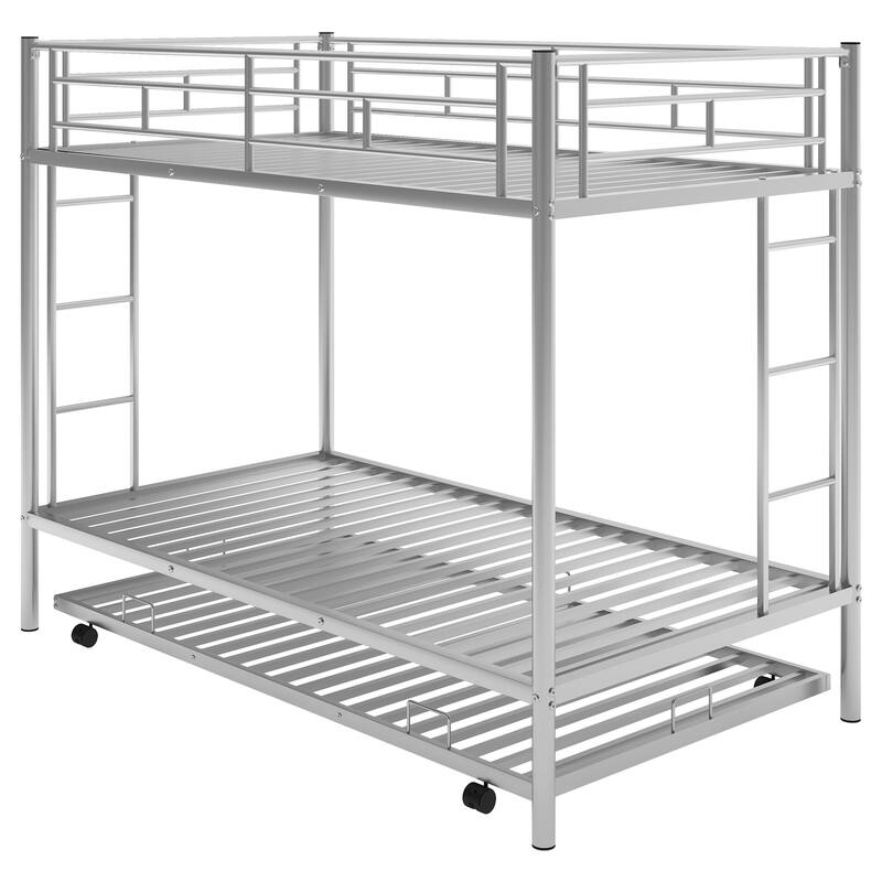 Twin over Twin Bunk Bed with Trundle, Silver, Metal Frame, Space-Saving Design