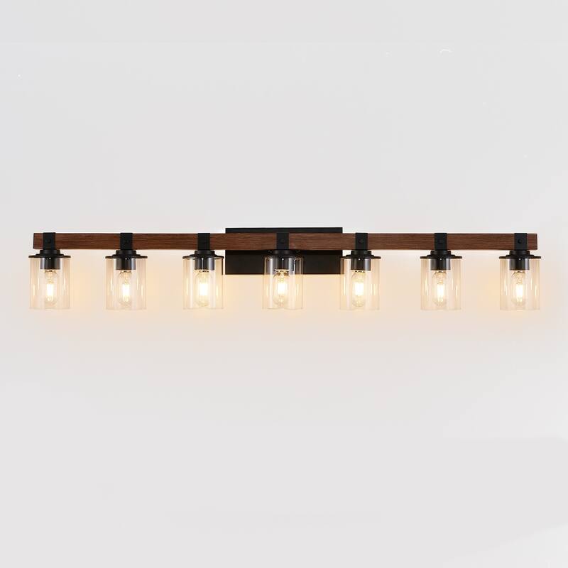 50" Rustic 7-Light Vanity Light, Industrial Bathroom Wall Sconce with Glass Shades and Wood Accent(No Bulbs) - Walnut