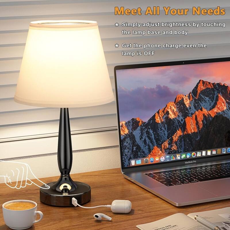 Touch Table Lamp for Bedroom, Small Bedside Lamp - White
