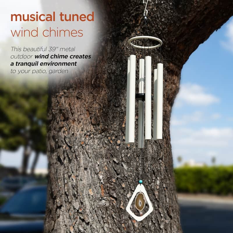 39" White Metal Windchime with Creme Gemstone