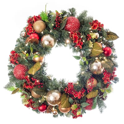 30 in. Lighted Christmas Wreath - Scarlet Hydrangea - Red