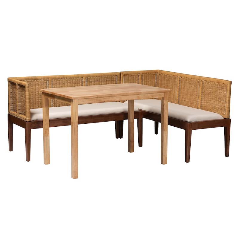 Tabanan Modern Bohemian Natural Brown Rattan and Brown Acacia Wood 3-Piece Dining Nook set - Brown