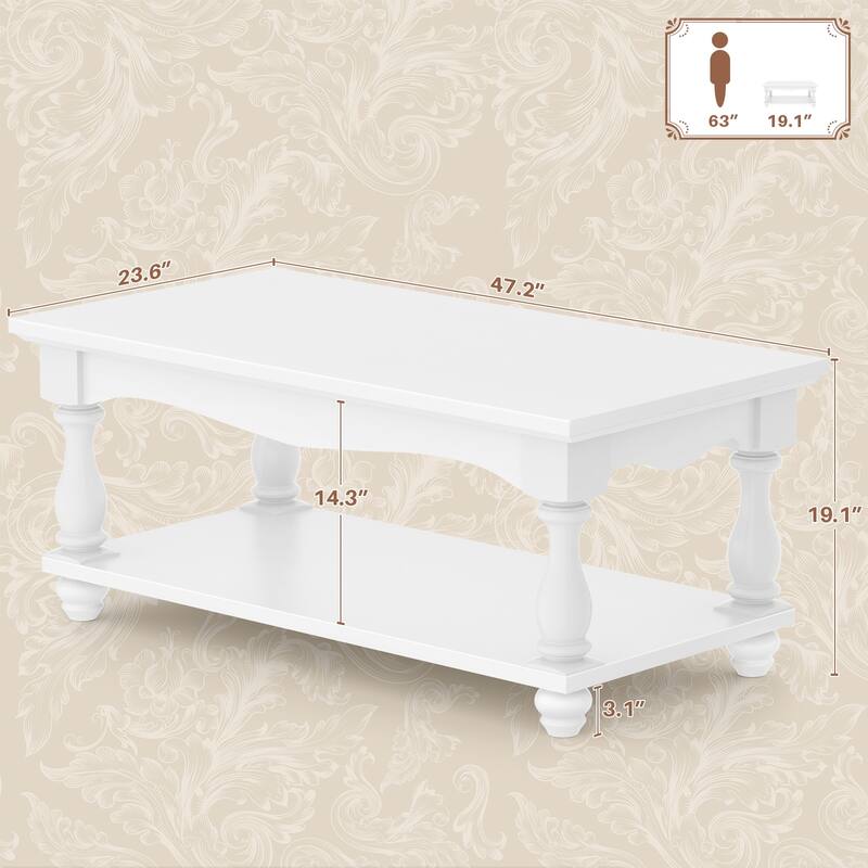 French Country Coffee Table with Storage Shlef, Farmhoues Retangular Living Room Table