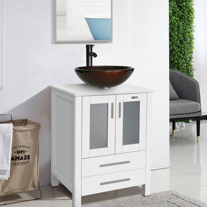 24" Bathroom Vanity White Set Glass/ Ceramic Vessel Sink Cabinet Faucet Drain Free Standing Combo