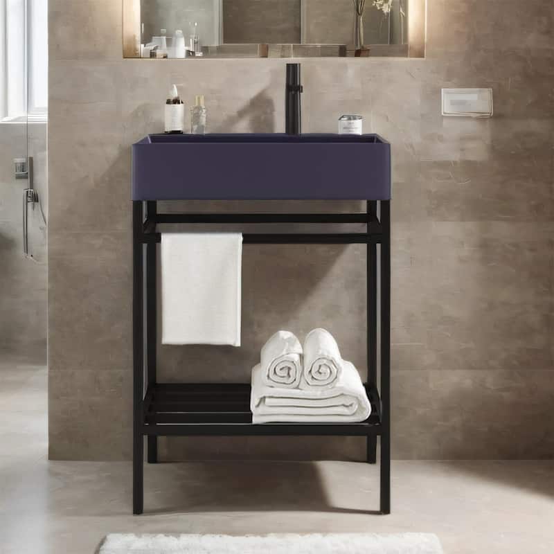 24" Bathroom Vanity Set with Ceramic Basin and Storage Shelves (No Faucet)