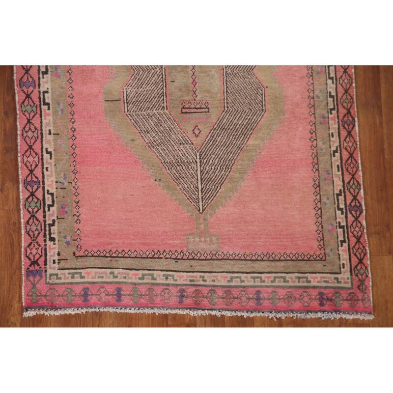 Pink Geometric Sirjan Persian Runner Rug Vintage Handmade Wool Carpet - 3'4" x 12'3"