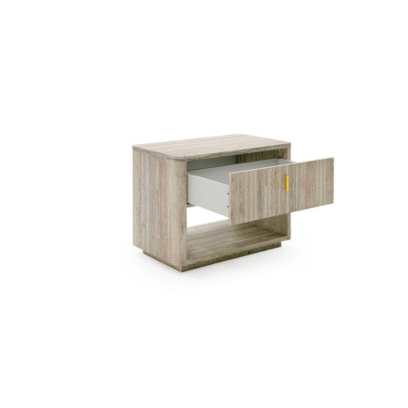 Fly 32 Inch Nightstand, 1 Drawer, 1 Sleek Gold Handle, Travertine Gray