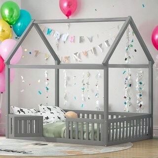 Kids and Baby Full Size Wood House Bed with Fence and Door,Solid Construction For Home