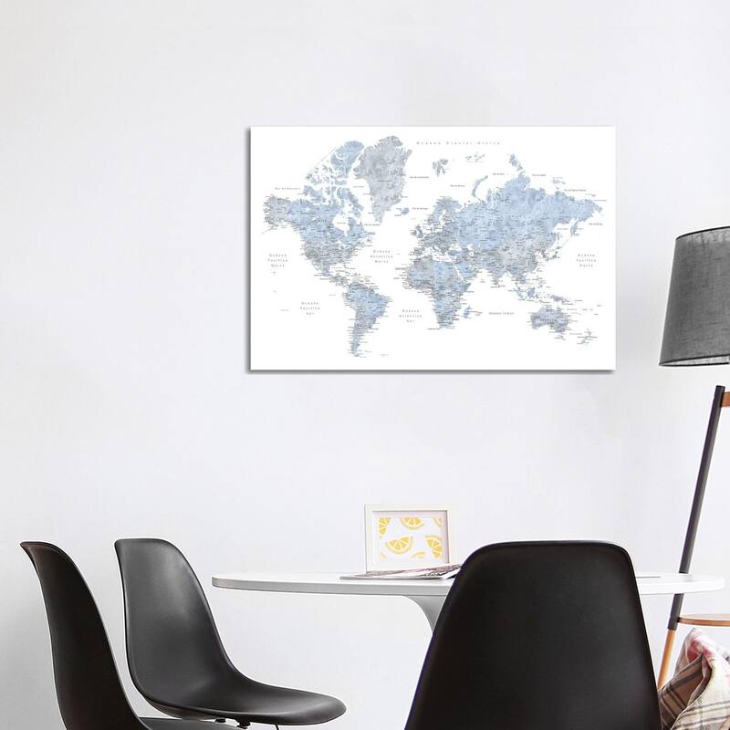 iCanvas "Labels In Spanish Blue And Grey World Map" by blursbyai Canvas Print - 26x40x1.5